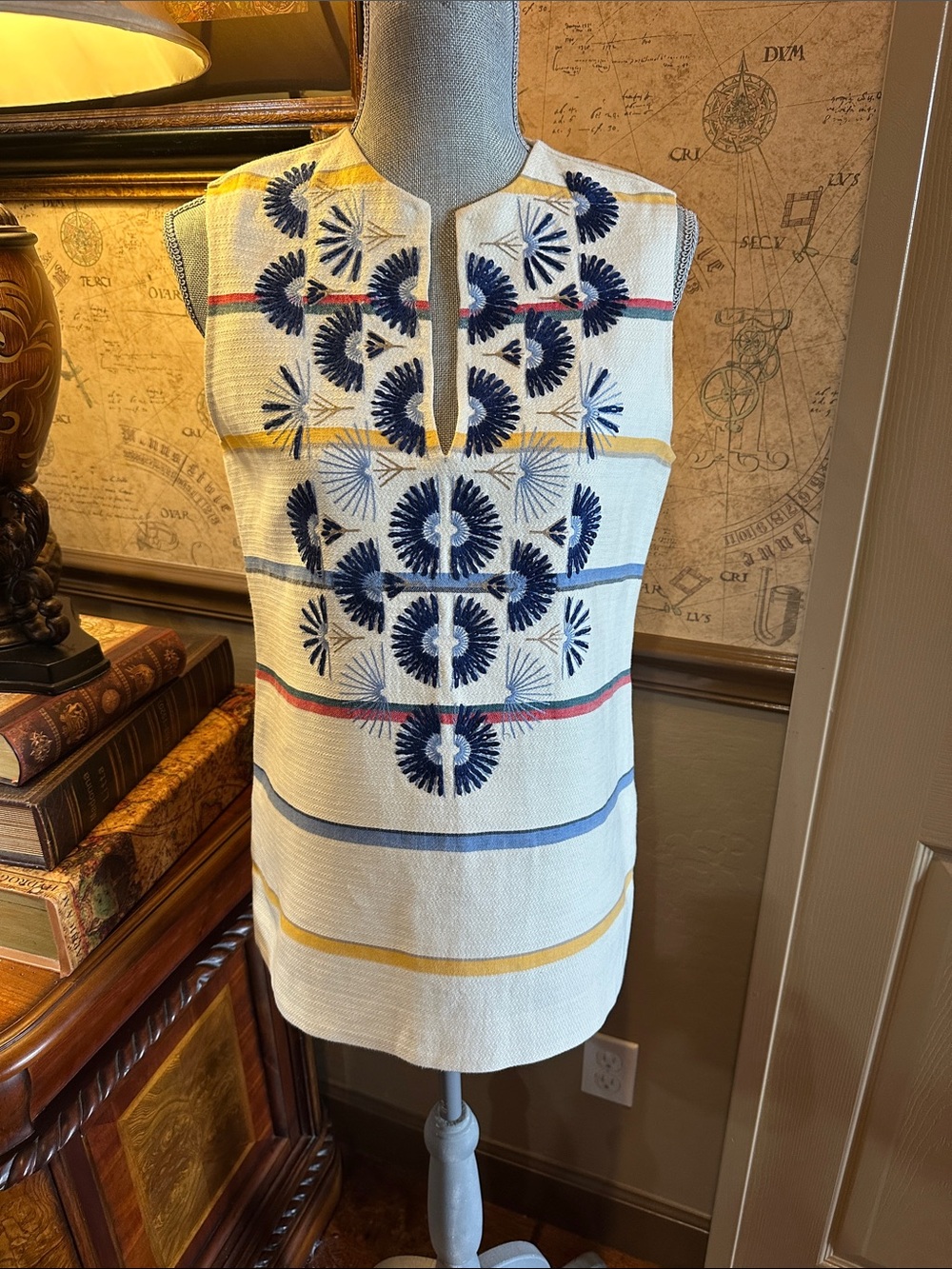 Tori Burch Sleeveless Cream Embroidered Tunic with Navy Motif